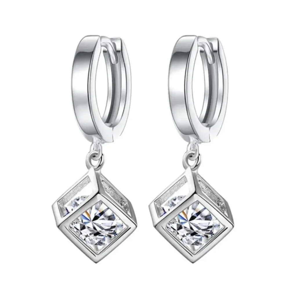 925 Sterling Silver Crystal Hollow Square Box Drop Earrings